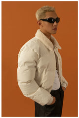 Cropped Collared Faux Shearling Puffer Coat
