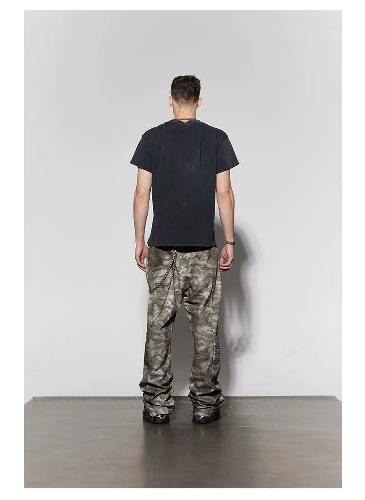 Rugged Distressed Camo Flare Cargo Pants