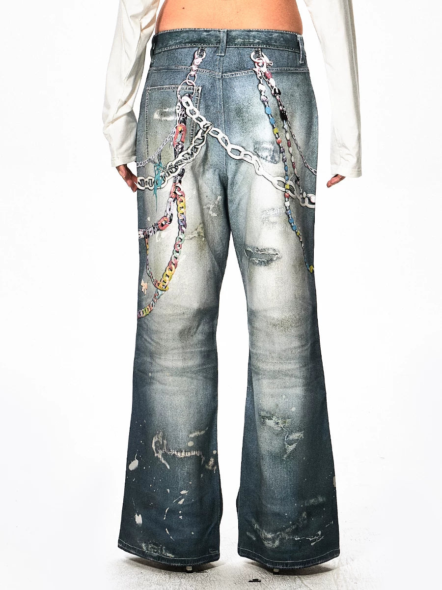 Y2K Cartoon-Printed Chain Wide-Leg Jeans