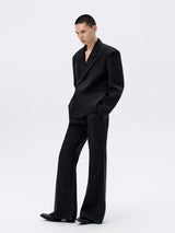 Black Waist-cinched Wide-shoulder Herringbone Blazer