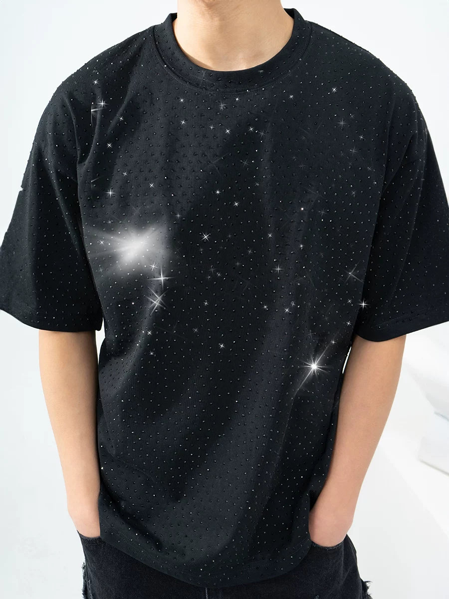 Unisex Black Loose Rhinestone Short-Sleeve Tee