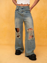 Men's Blue Distressed Wide Leg Jeans