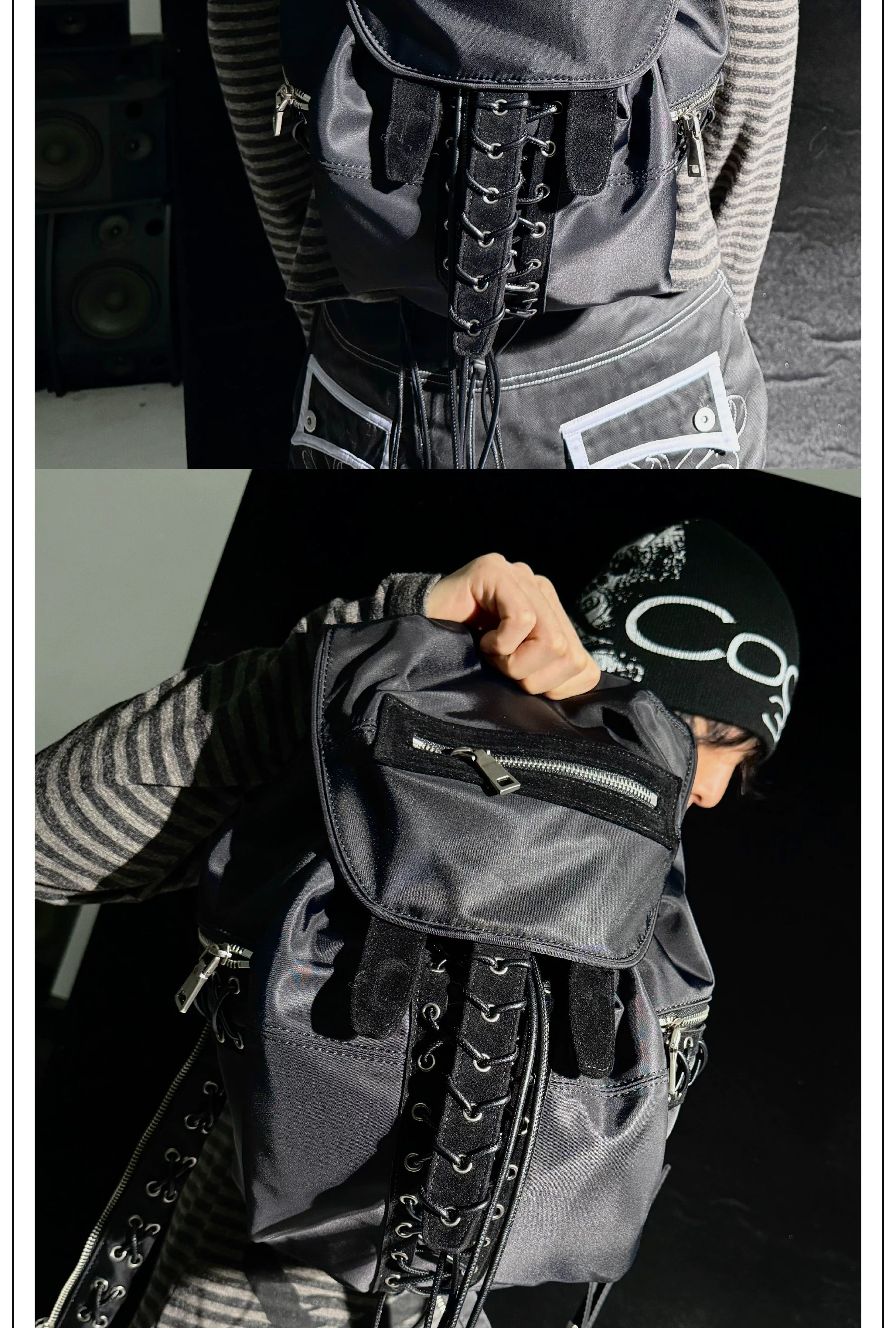 Black Nylon Adjustable Bucket Backpack