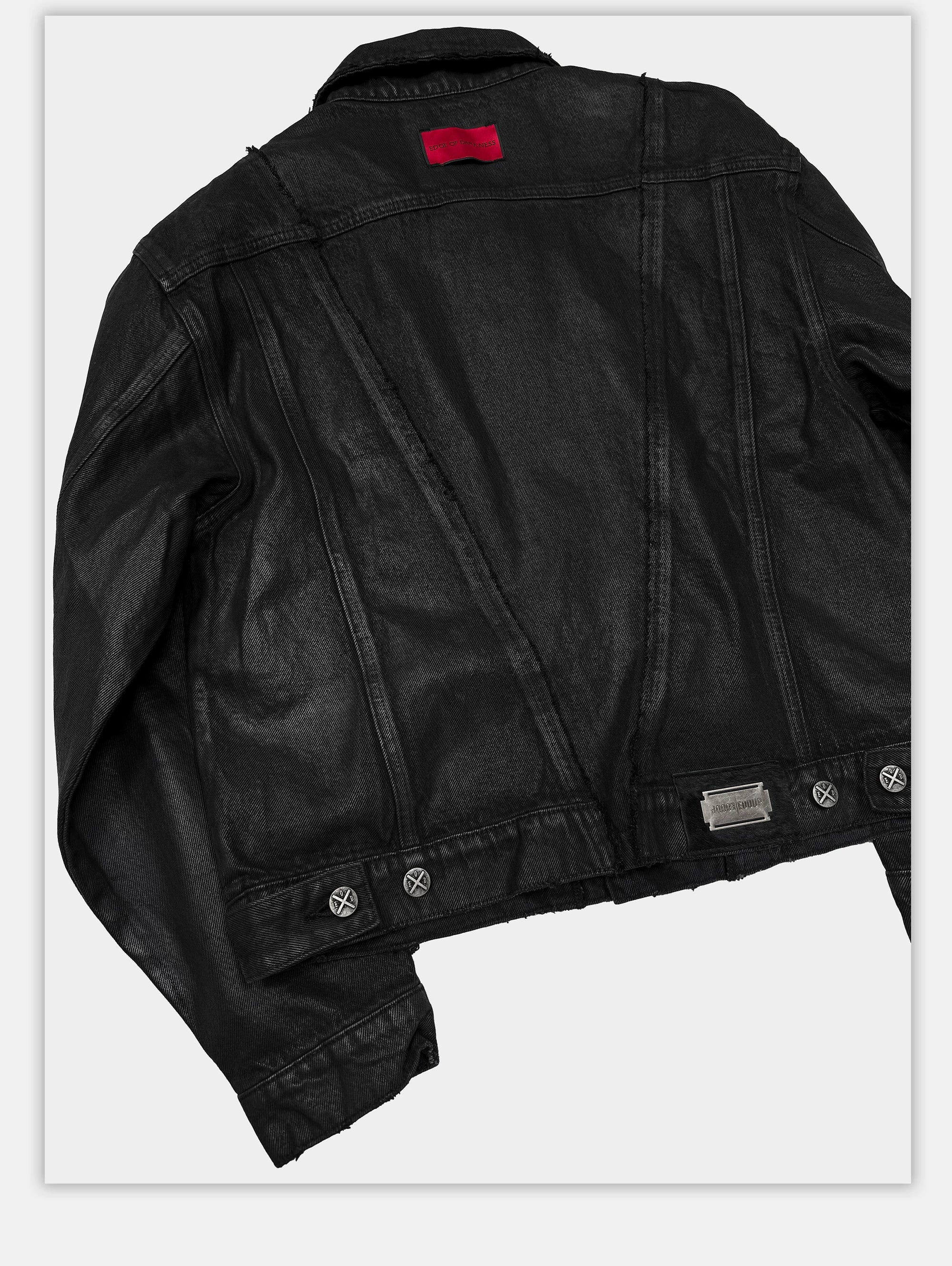 Dark Distressed Patchwork Relaxed Denim Jacket