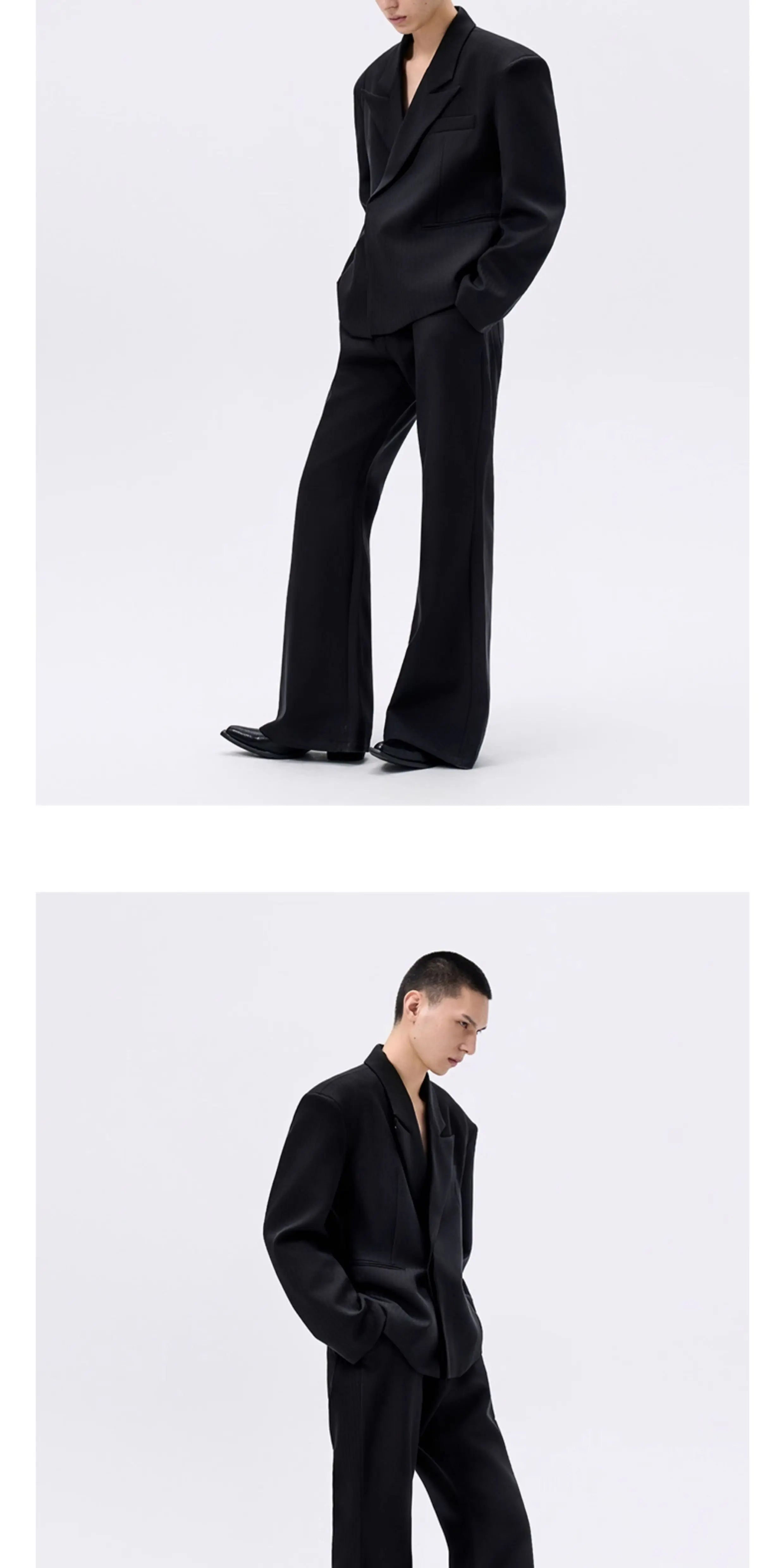 Black Waist-cinched Wide-shoulder Herringbone Blazer