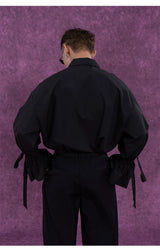 Men's Long-Sleeve Black-and-White Ruffled Sash Shirt