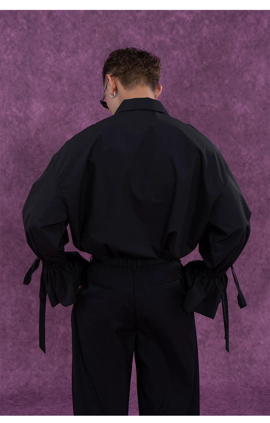 Men's Long-Sleeve Black-and-White Ruffled Sash Shirt