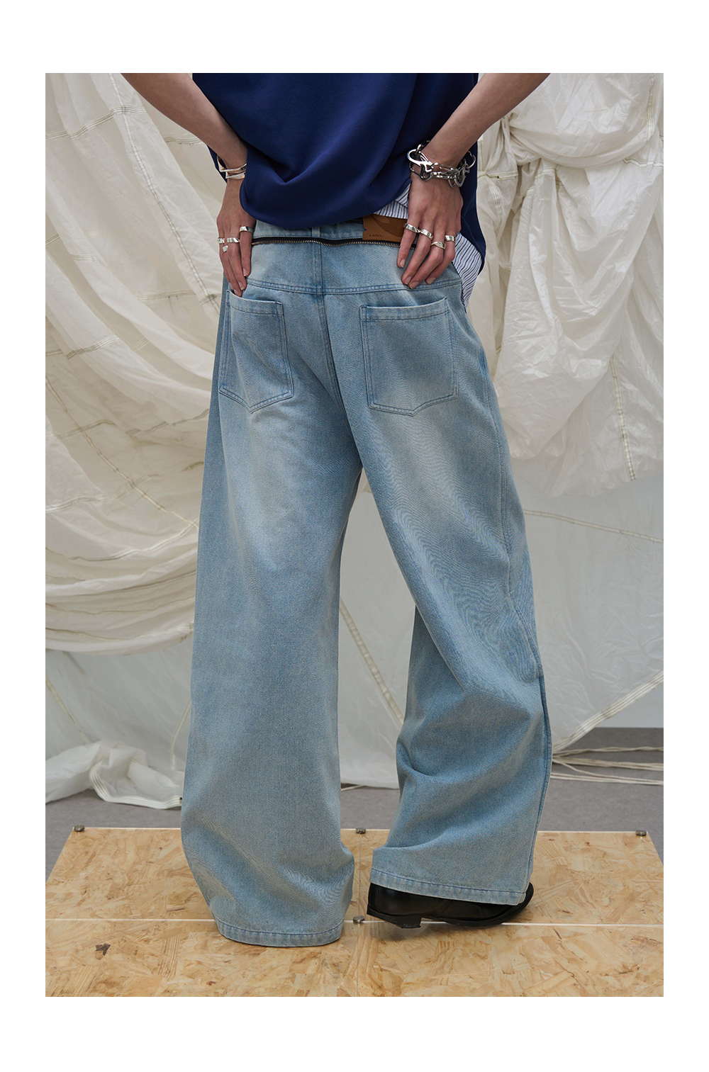 Washed Semi-Zip Relaxed Straight Leather-Patch Jeans