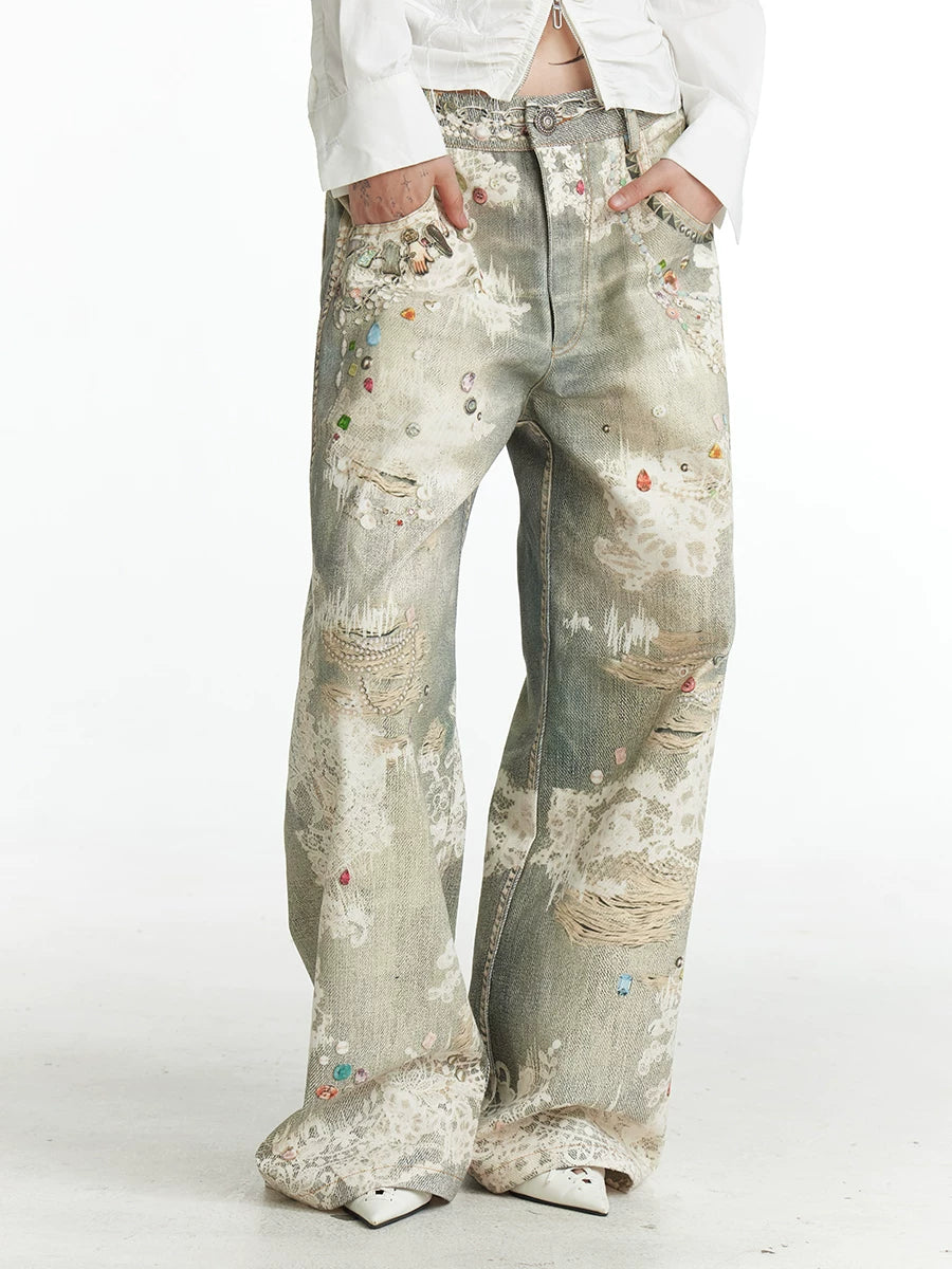 Vintage Digital Lace Print Flare Jeans
