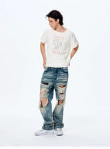 Men's Distressed Washed Straight Leg Jeans