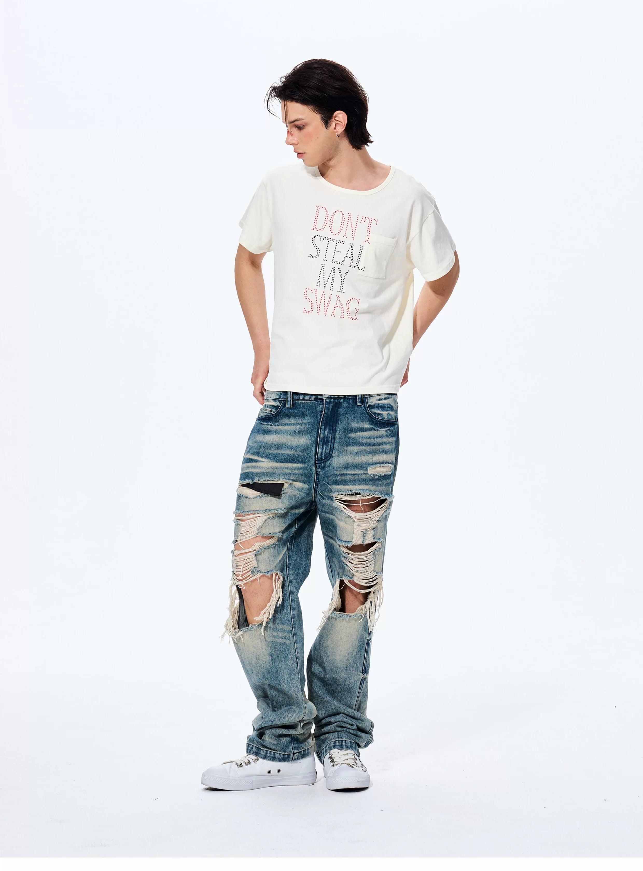 Men's Distressed Washed Straight Leg Jeans