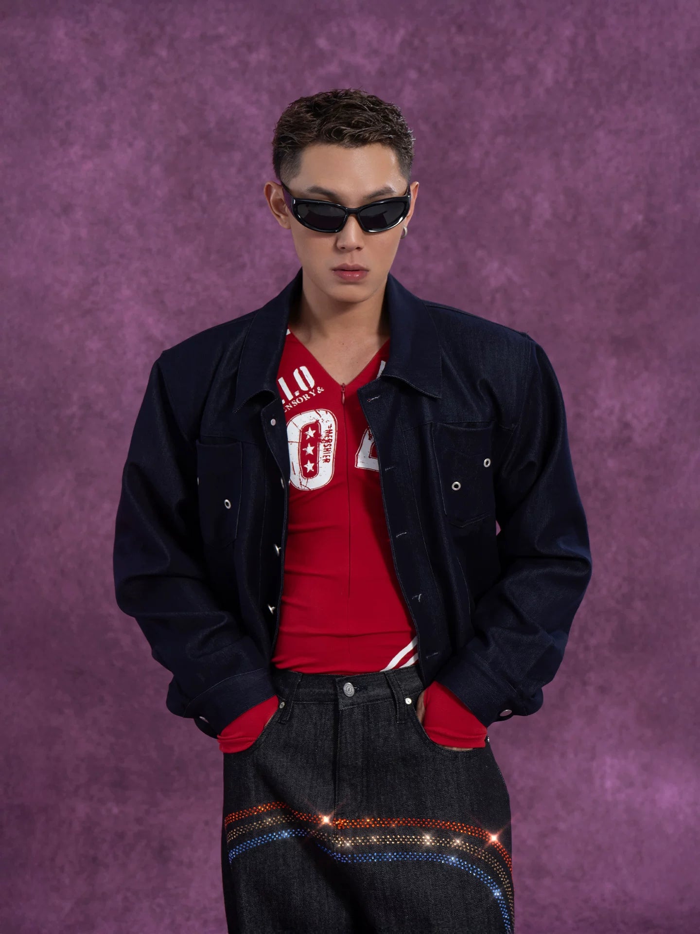 Men's Navy Padded Cropped Denim Jacket