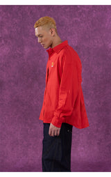 Red Oversized Collared Long Sleeve Shirt