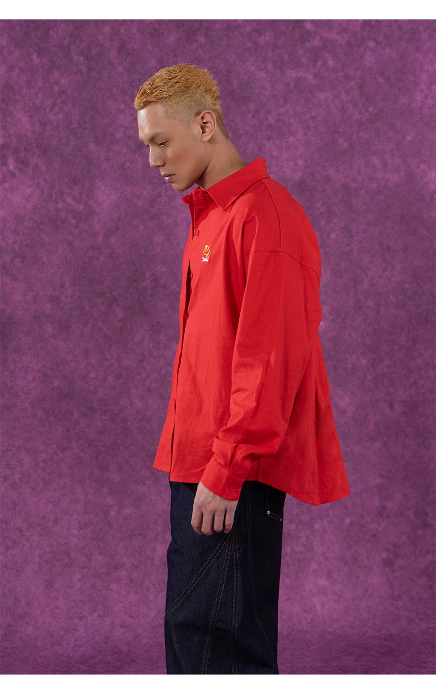 Red Oversized Collared Long Sleeve Shirt