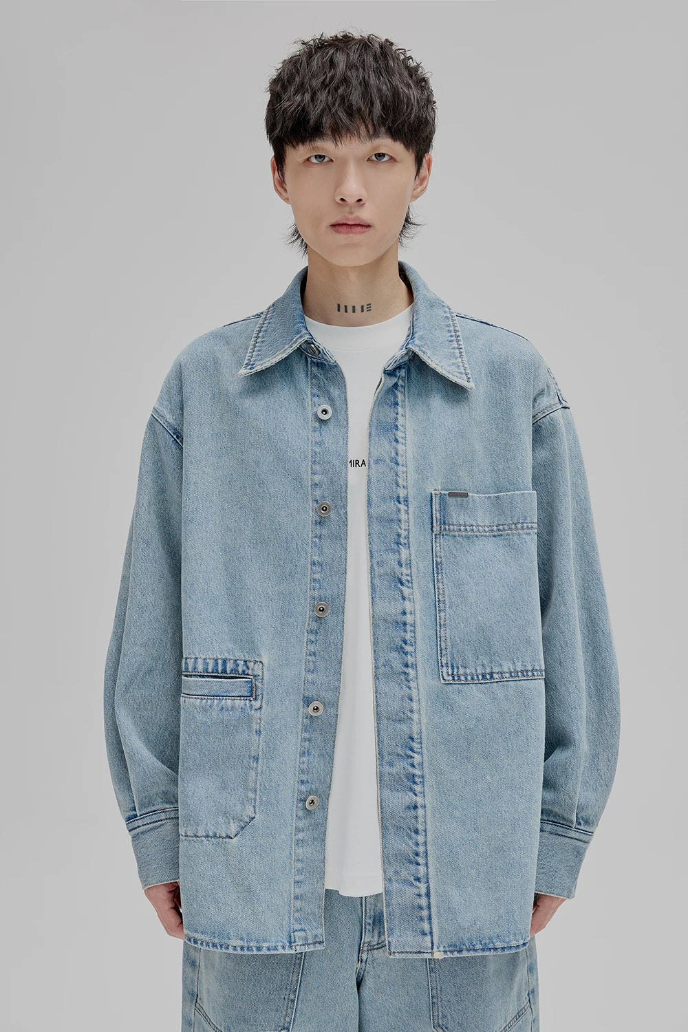 14Oz Washed Denim Asymmetric-Pocket Shirt Jacket