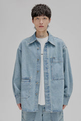 14Oz Washed Denim Asymmetric-Pocket Shirt Jacket