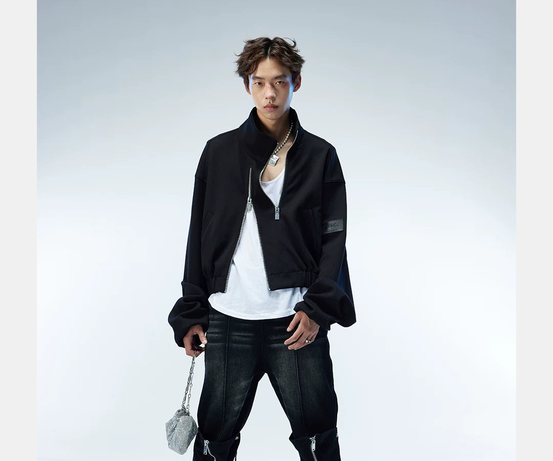 Asymmetric Zip Cropped Turtleneck Jacket