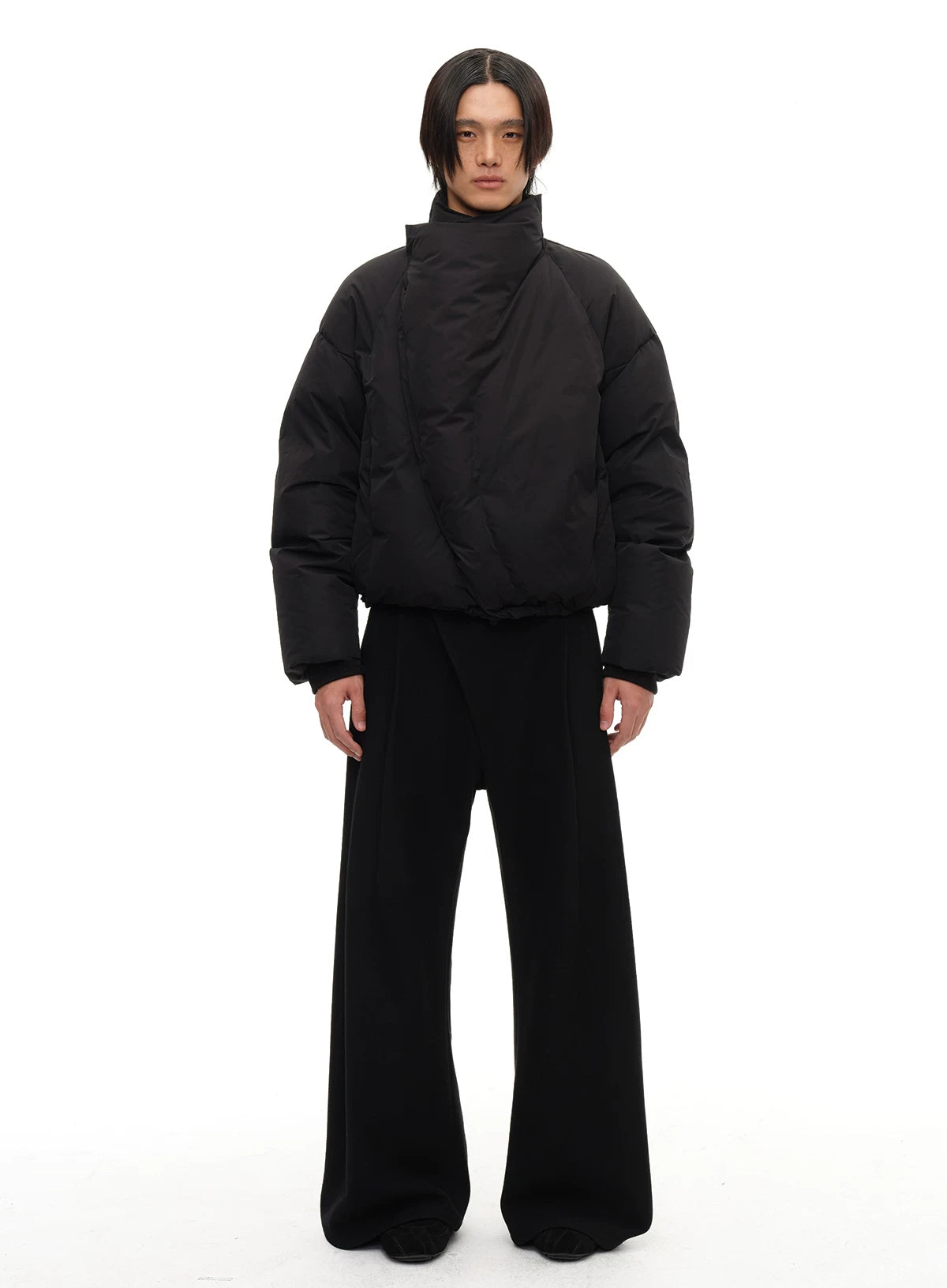 Slightly Curved Asymmetric Pleated Wool Pants