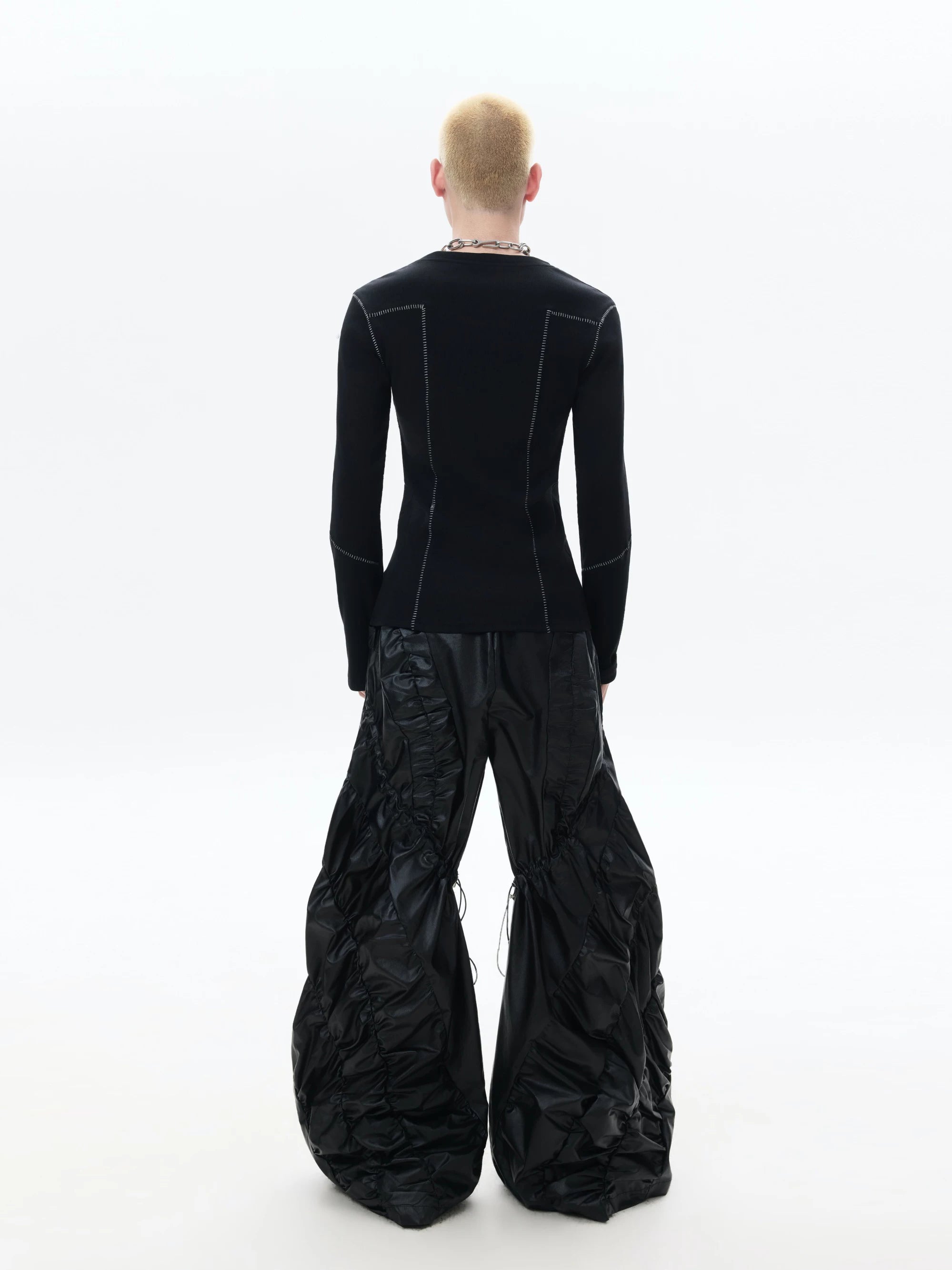 Dark Wrinkle Drawstring Wide Leg Pants