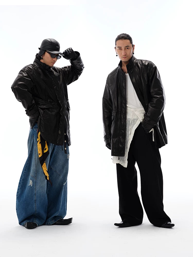Men's Waist-cinched Mid-length Goatskin Jacket