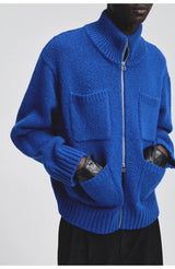 Alpaca Blend Multi-Pocket Zip Turtleneck Cardigan