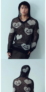 Black White Heart Smile Openwork Hoodie