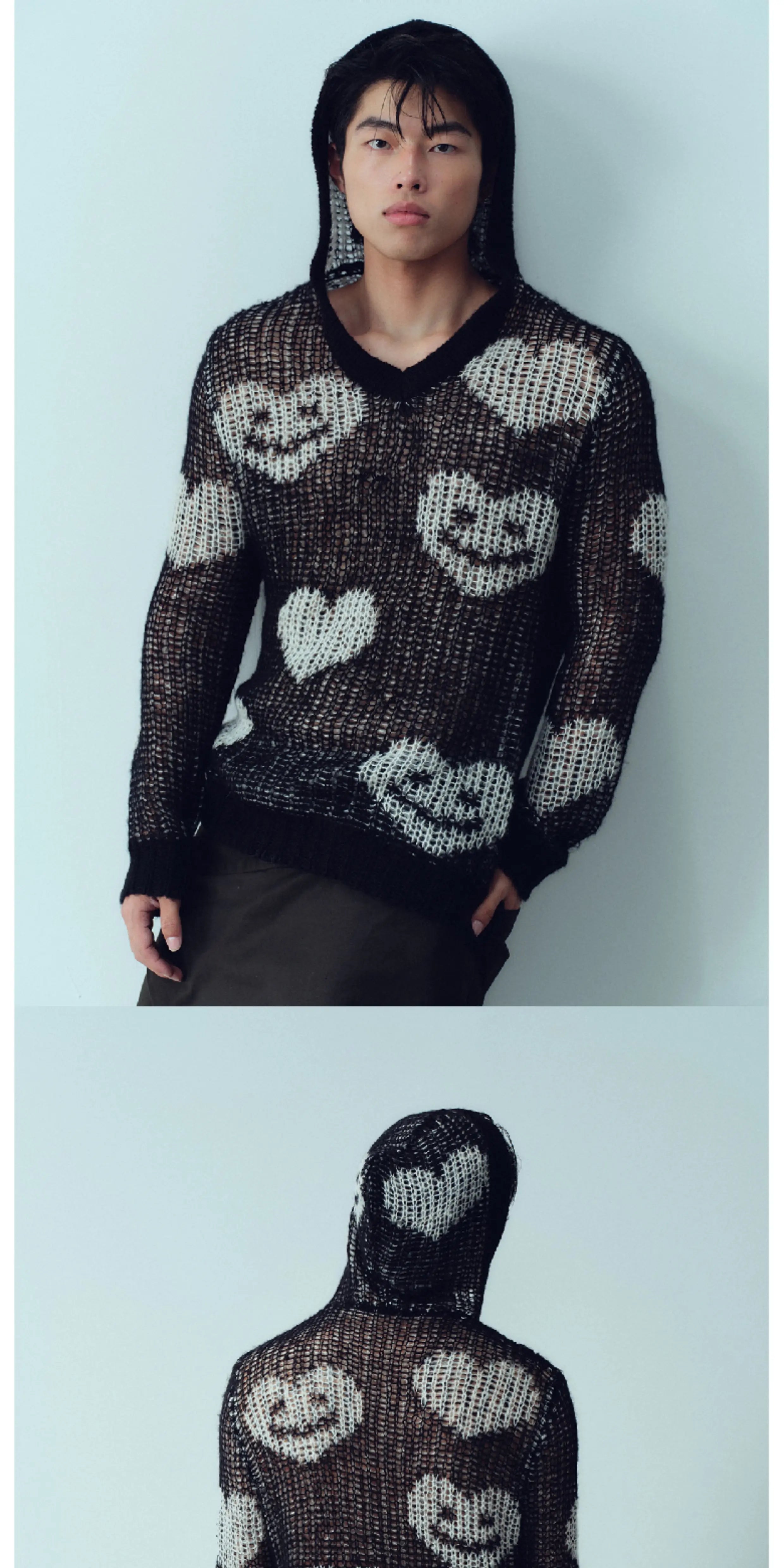 Black White Heart Smile Openwork Hoodie