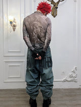 Angel Oil Print Mesh Long Sleeve
