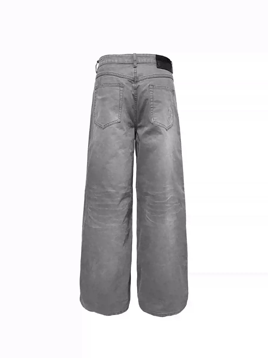13Oz Sun-Washed Gray Distressed Wide-Leg Jeans