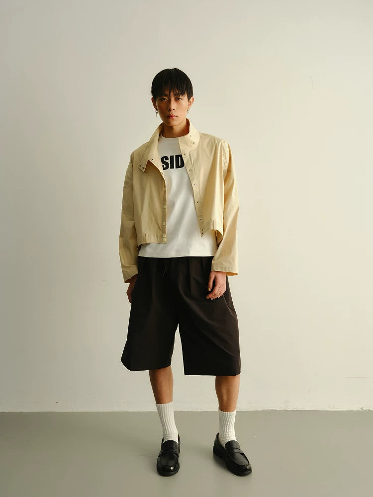 Solid Pleated Drawstring Casual Shorts