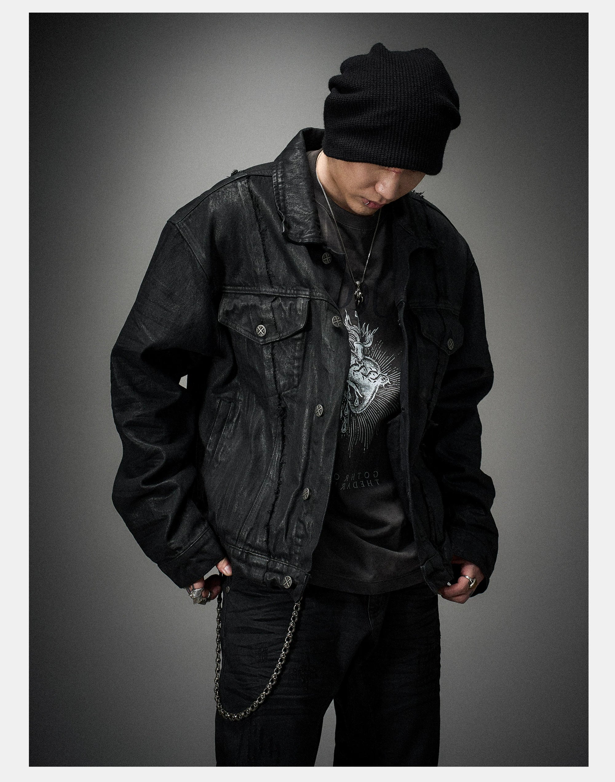 Dark Distressed Patchwork Relaxed Denim Jacket