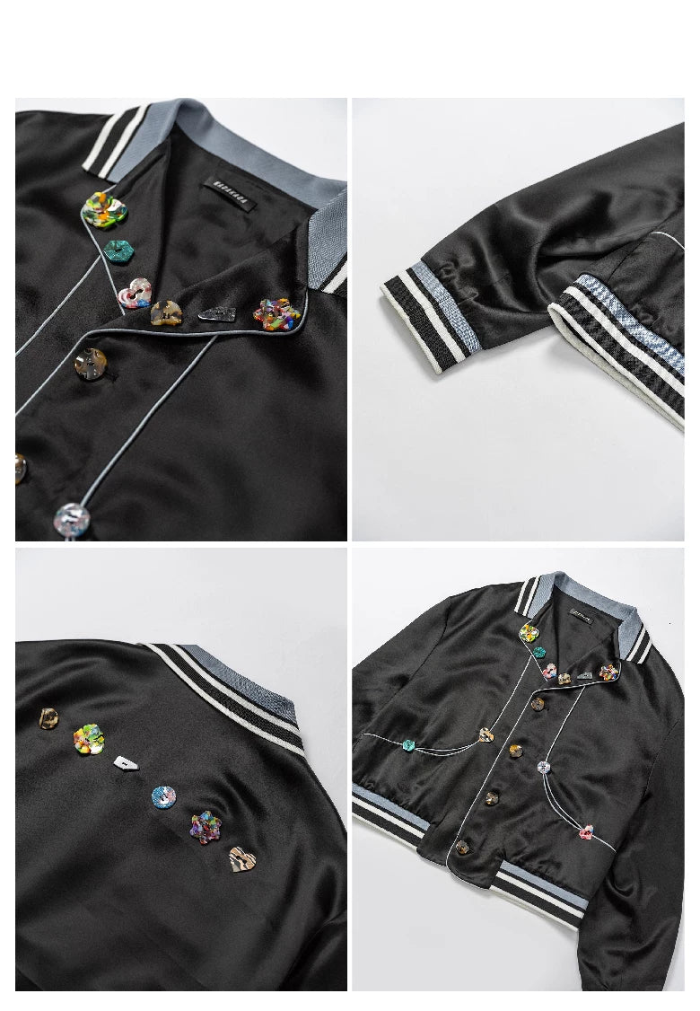 Ribbed Collar Shell Button Acetate Jacket