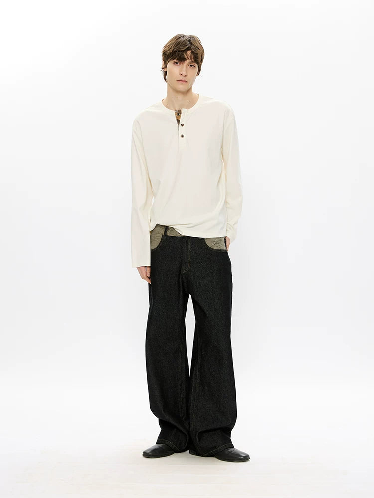 Long Sleeve Color Block Linen Henley