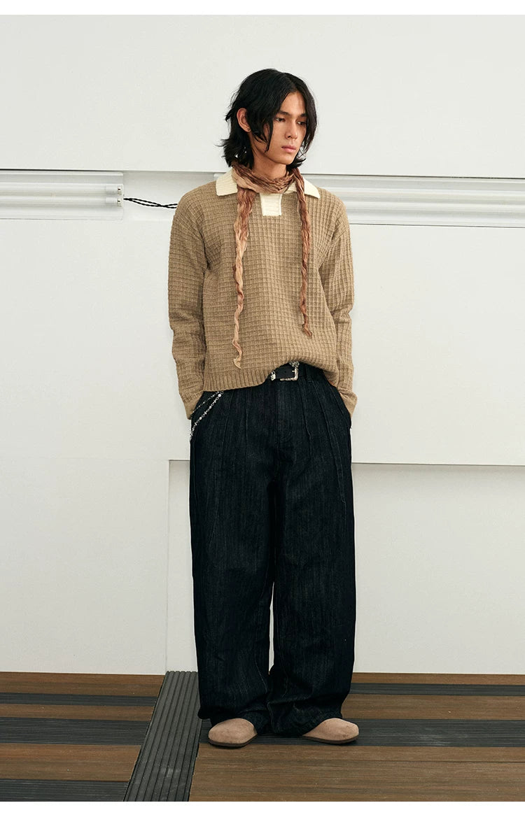 Color Block Collar Waffle Knit Sweater