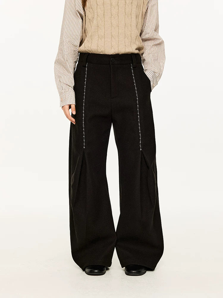 Men's Embroidered Curved Pleated Woolen Pants