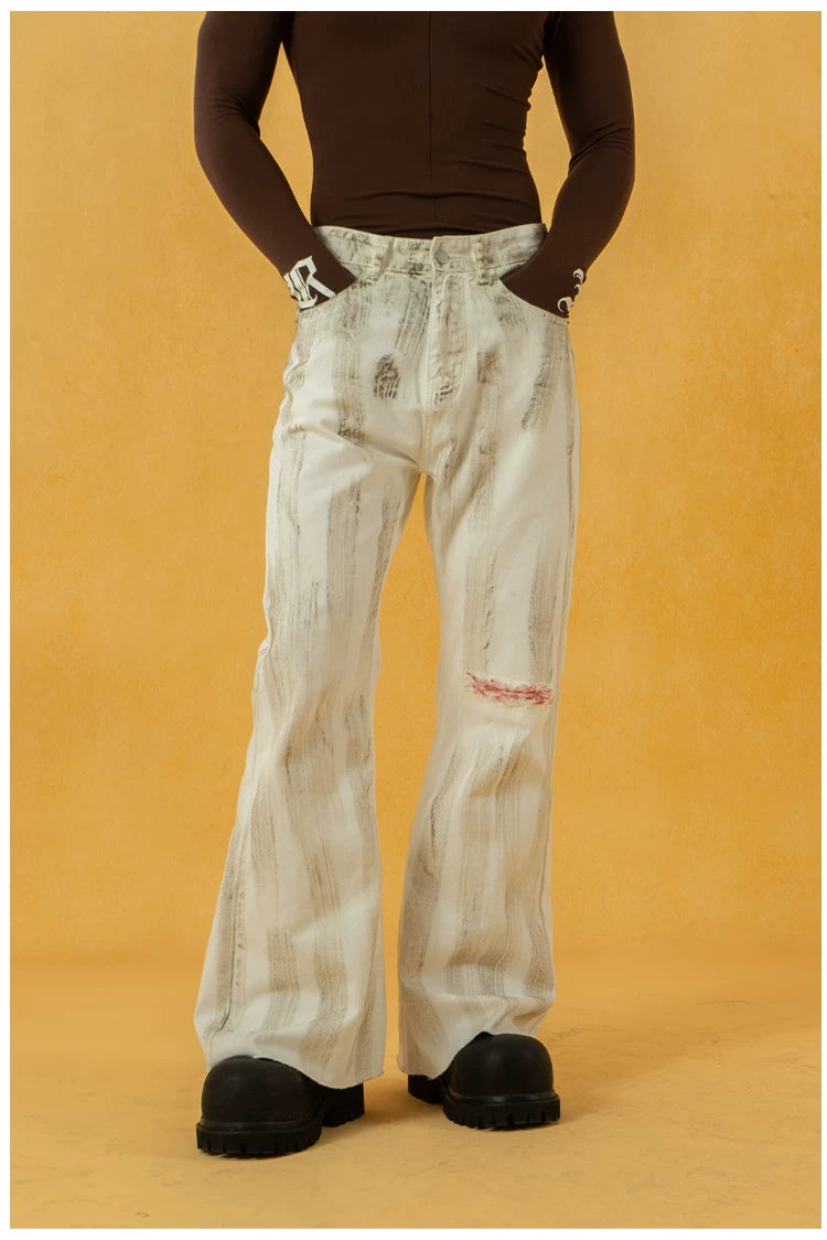 Men's Vintage White Sickle-Print Flare Jeans