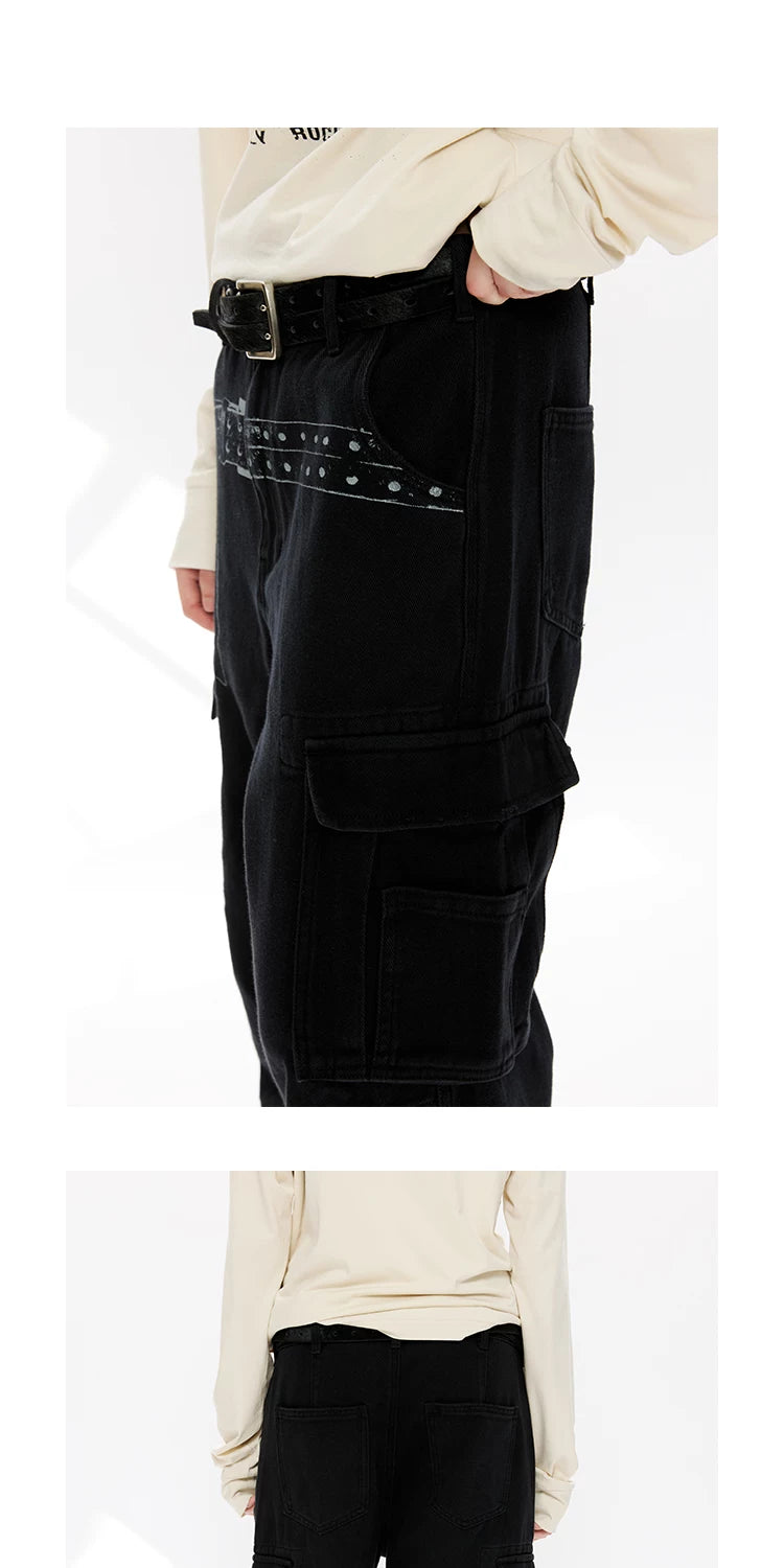 Washed Printed French Blue Cargo Pants