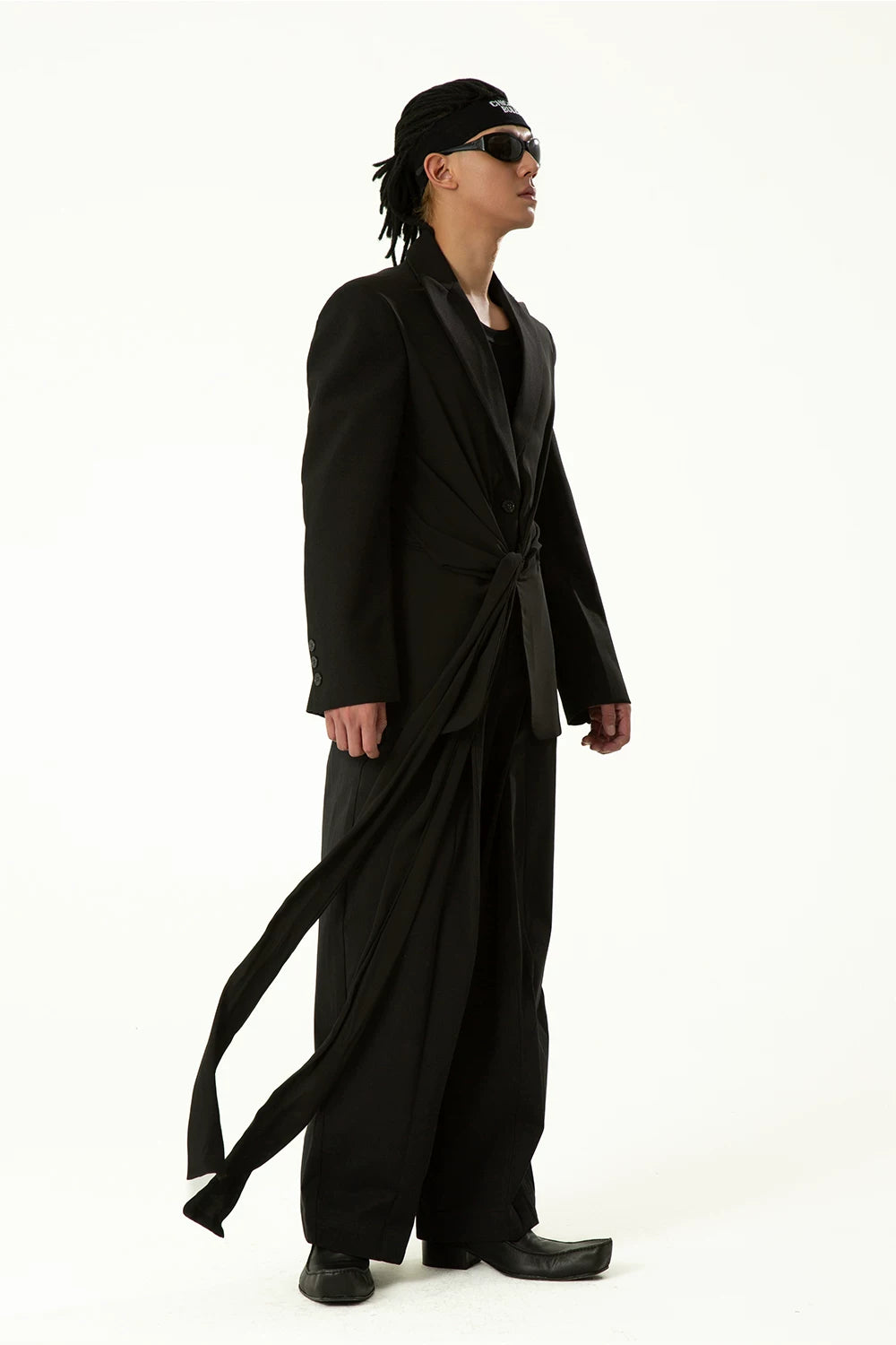 Black Wool Ribbon Pleated Waist-Tailored Blazer