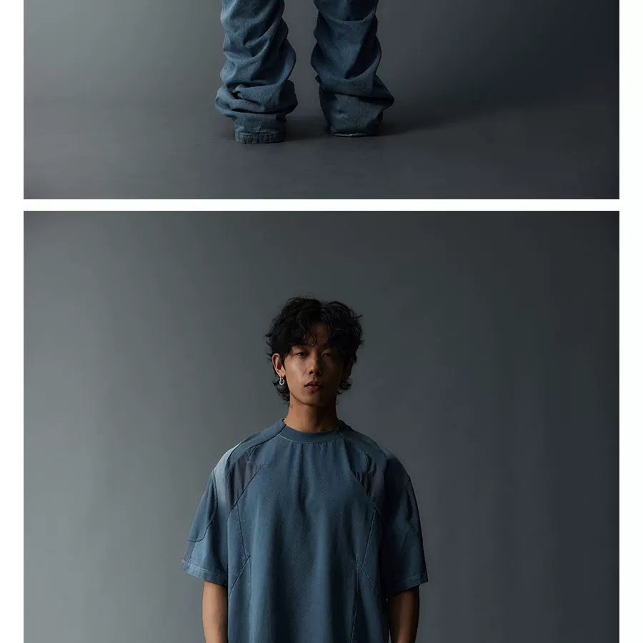 Two-Tone Washed Mesh Patchwork Tee