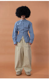 Unisex Fitted Blue Plaid Long-sleeve Shirt