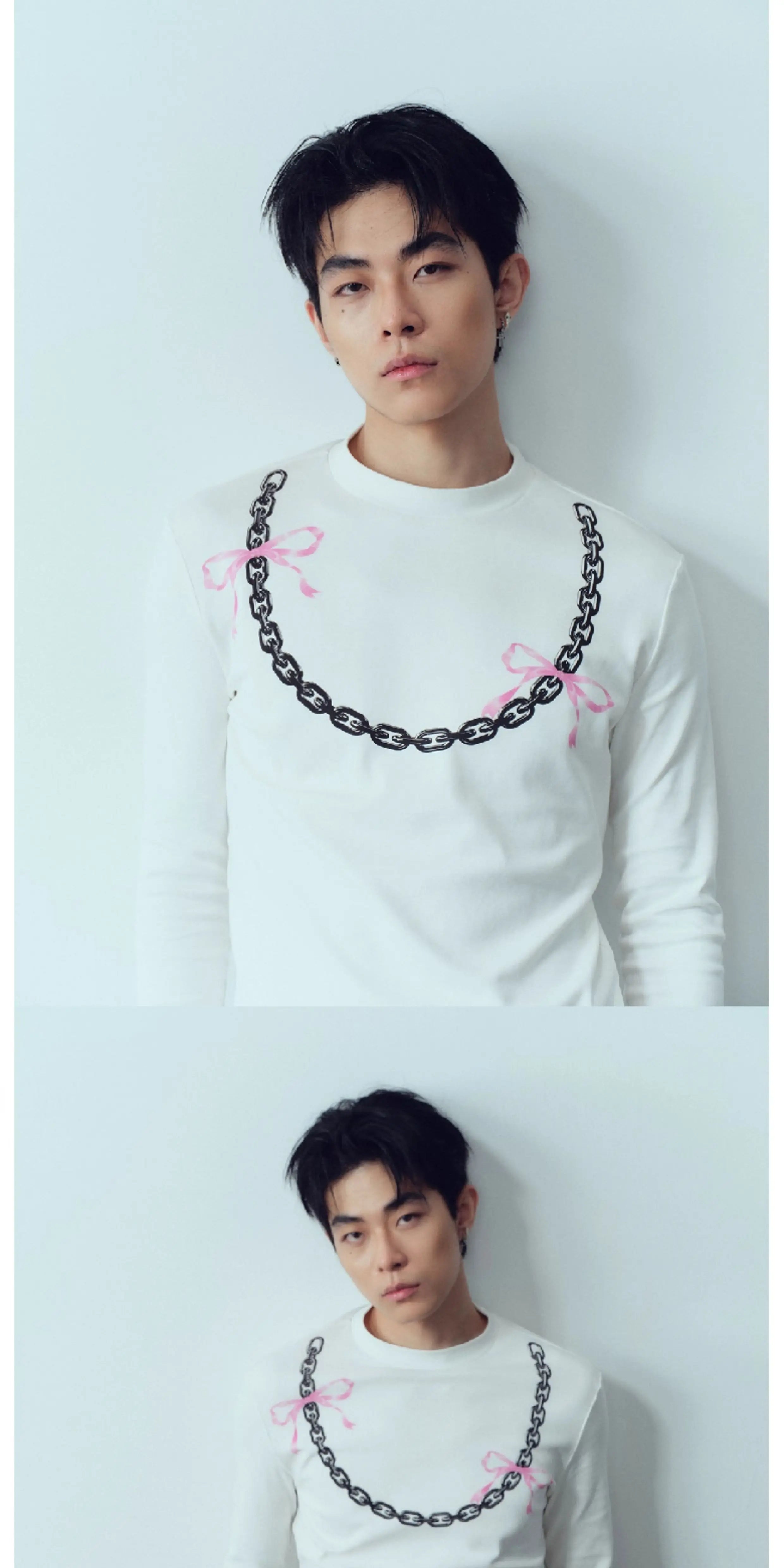 Stretchy Long-sleeve Bow Chain Print Top
