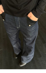 Navy Embossed PU Patchwork Flared Jeans