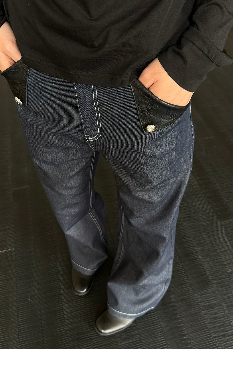 Navy Embossed PU Patchwork Flared Jeans