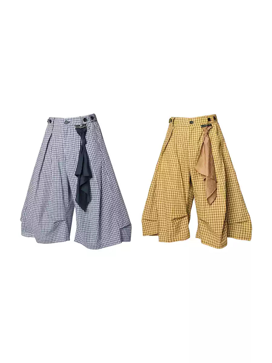 Detachable Plaid Pleated Cropped Pants