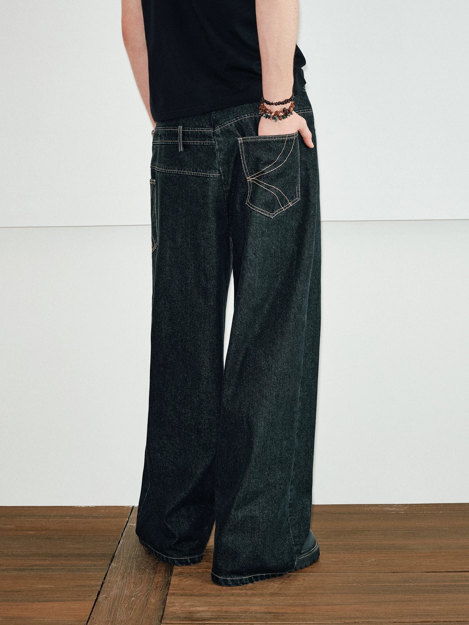 Men's Color-block Loose Raw Denim Jeans