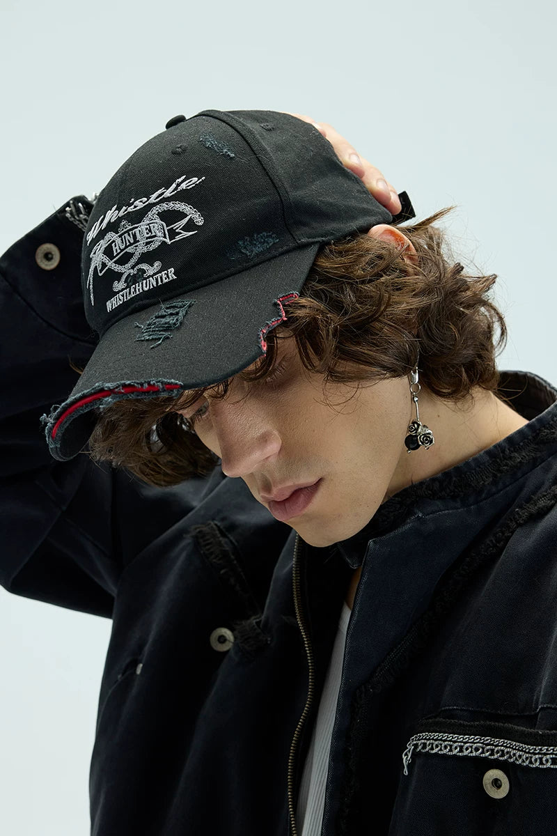Long Brim Red Embroidered Distressed Cap