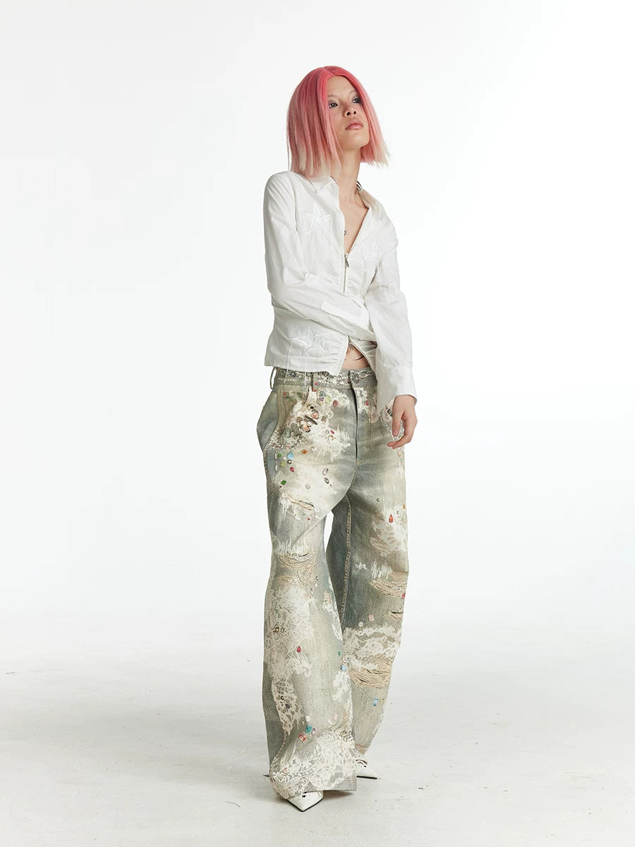 Vintage Digital Lace Print Flare Jeans