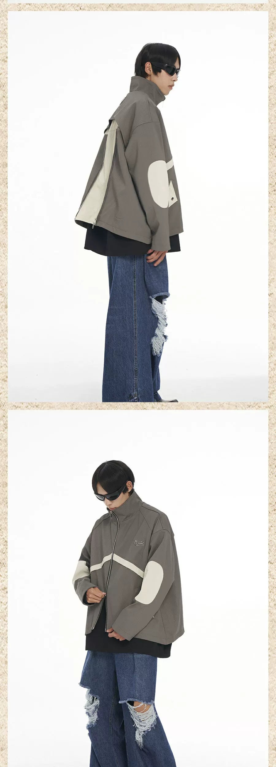 Back Zip Cropped Turtleneck Leather Coat