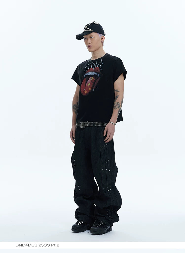 Asymmetric Pleated Studded Raw Denim Jeans