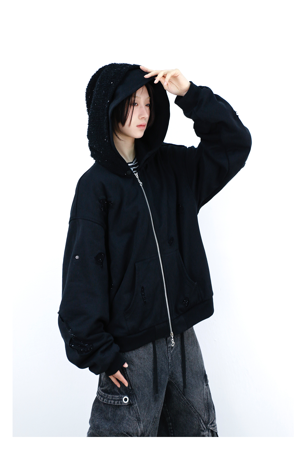 Detachable Dual Hood Rhinestone Zip Hoodie